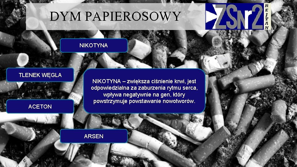 DYM PAPIEROSOWY NIKOTYNA TLENEK WĘGLA ACETON NIKOTYNA – zwiększa ciśnienie krwi, jest odpowiedzialna za