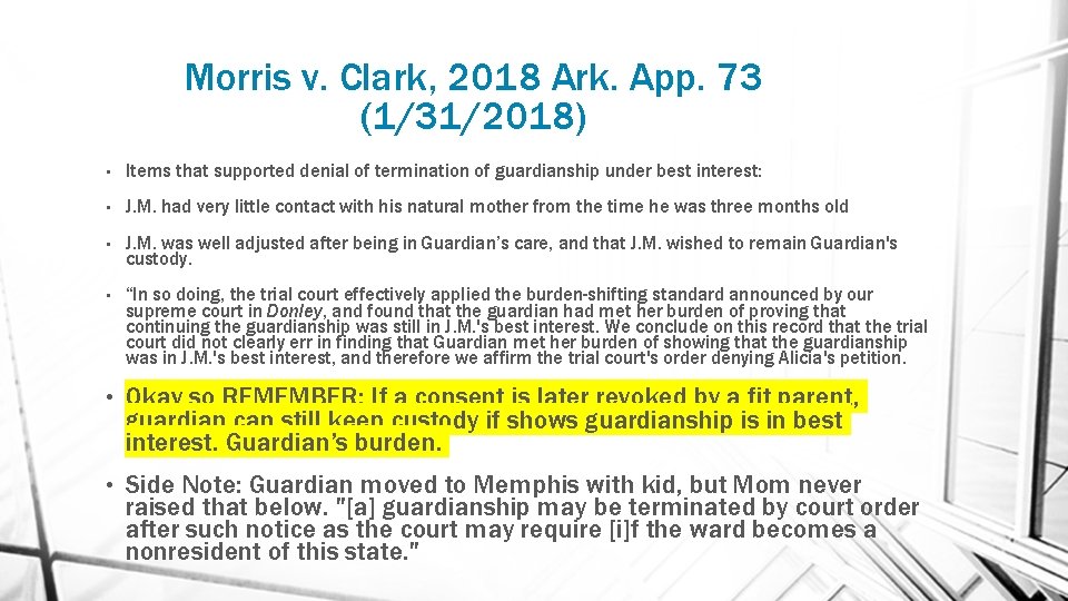 Morris v. Clark, 2018 Ark. App. 73 (1/31/2018) • Items that supported denial of