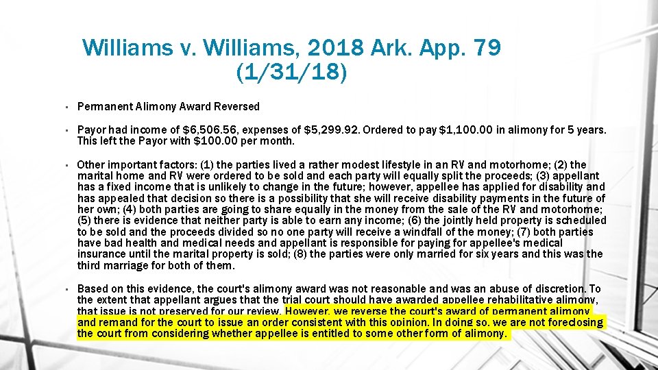 Williams v. Williams, 2018 Ark. App. 79 (1/31/18) • Permanent Alimony Award Reversed •