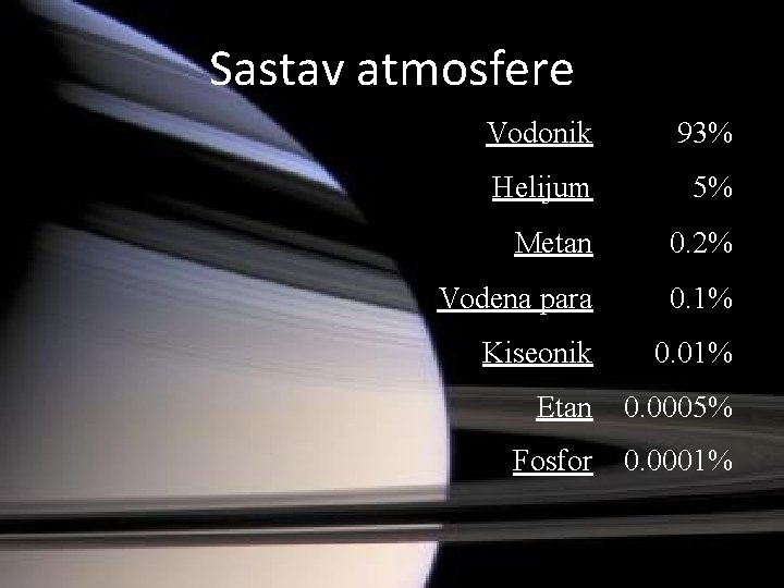 Sastav atmosfere Vodonik 93% Helijum 5% Metan 0. 2% Vodena para 0. 1% Kiseonik