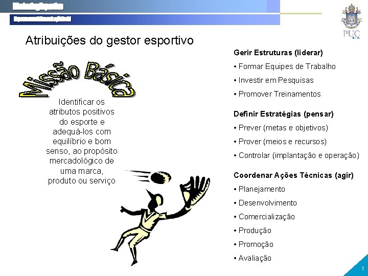 Atribuições do gestor esportivo Gerir Estruturas (liderar) • Formar Equipes de Trabalho • Investir