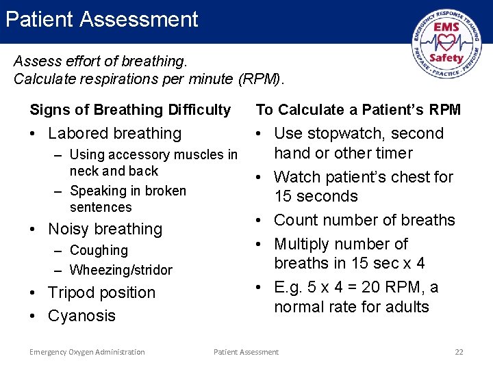 Patient Assessment Assess effort of breathing. Calculate respirations per minute (RPM). Signs of Breathing
