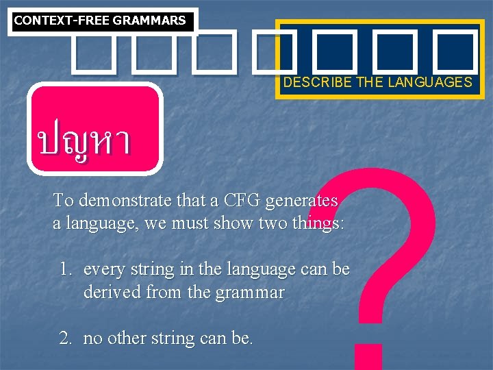 CONTEXT-FREE GRAMMARS ���� DESCRIBE THE LANGUAGES ปญหา To demonstrate that a CFG generates a