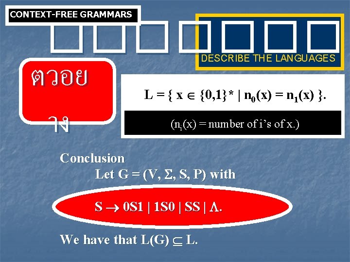 CONTEXT-FREE GRAMMARS ���� ตวอย าง DESCRIBE THE LANGUAGES L = { x {0, 1}*