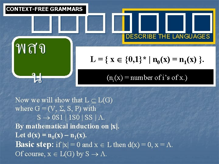 CONTEXT-FREE GRAMMARS ���� พสจ น DESCRIBE THE LANGUAGES L = { x {0, 1}*