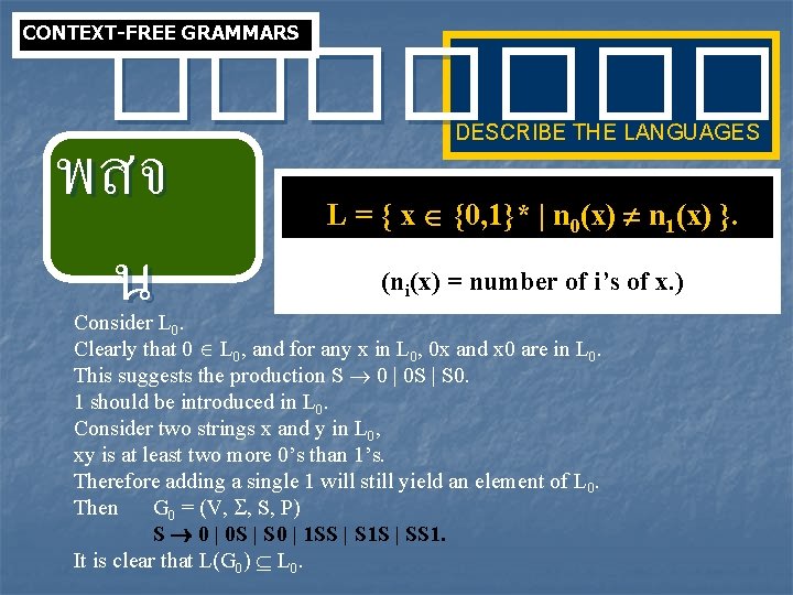 CONTEXT-FREE GRAMMARS ���� พสจ น DESCRIBE THE LANGUAGES L = { x {0, 1}*