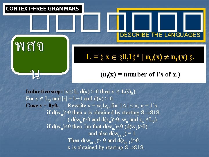 CONTEXT-FREE GRAMMARS ���� พสจ น DESCRIBE THE LANGUAGES L = { x {0, 1}*