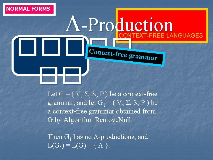 NORMAL FORMS -Production ����� �� CONTEXT-FREE LANGUAGES Context-fre e grammar Let G = (