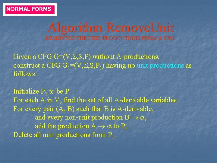 NORMAL FORMS Algorithm Remove. Unit REMOVING THE UNIT PRODUCTIONS FROM A CFG. Given a