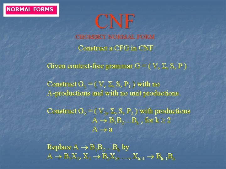 NORMAL FORMS CNF CHOMSKY NORMAL FORM Construct a CFG in CNF Given context-free grammar