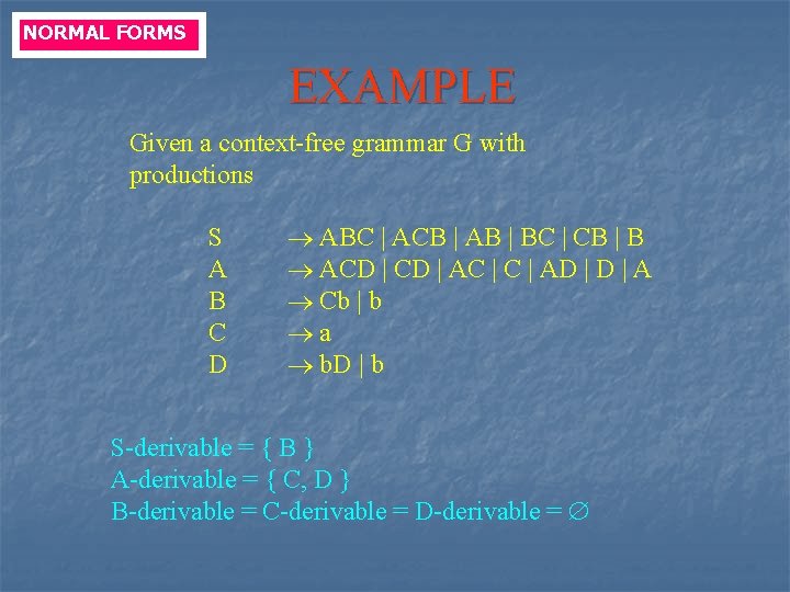 NORMAL FORMS EXAMPLE Given a context-free grammar G with productions S A B C