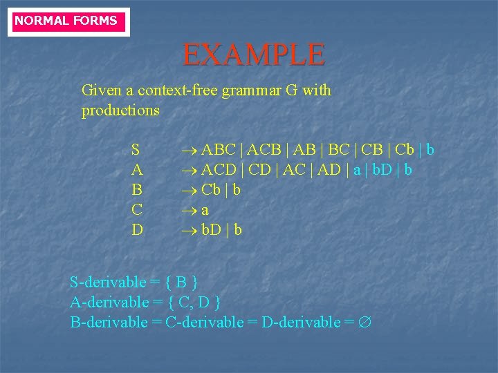 NORMAL FORMS EXAMPLE Given a context-free grammar G with productions S A B C