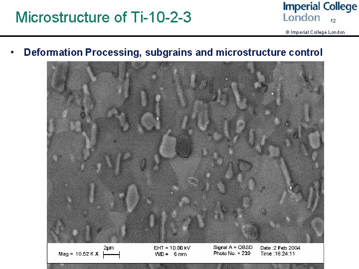 Microstructure of Ti-10 -2 -3 12 © Imperial College London • Deformation Processing, subgrains