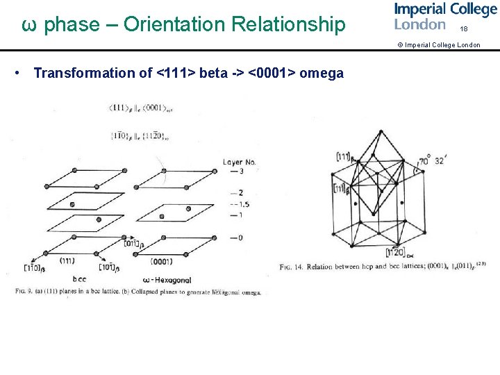 ω phase – Orientation Relationship 18 © Imperial College London • Transformation of <111>