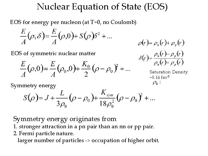 Nuclear Equation of State (EOS) EOS for energy per nucleon (at T=0, no Coulomb)