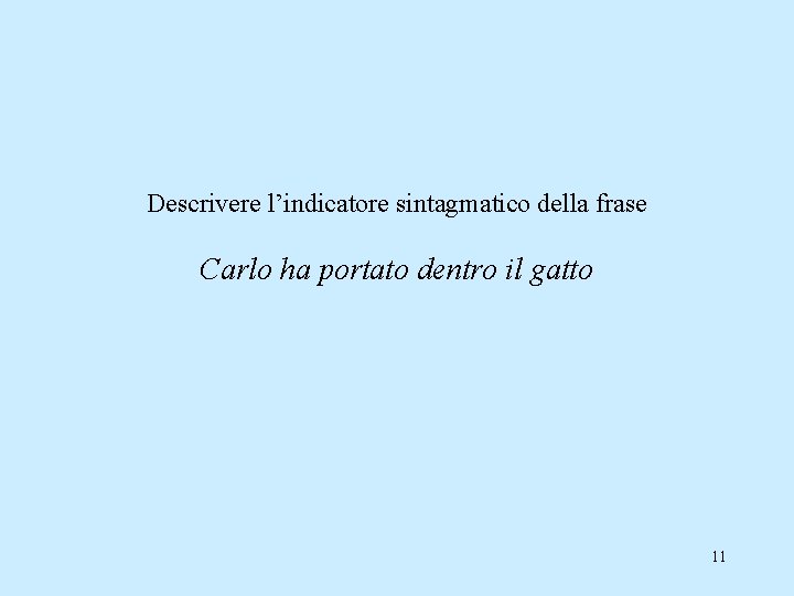 Descrivere l’indicatore sintagmatico della frase Carlo ha portato dentro il gatto 11 