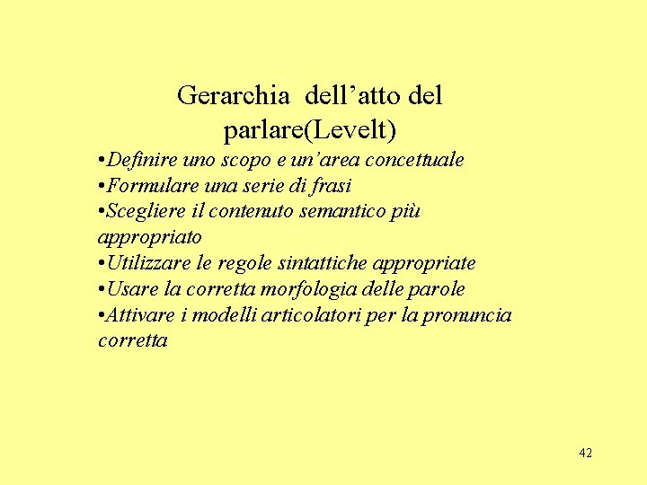 Gerarchia dell’atto del parlare(Levelt) • Definire uno scopo e un’area concettuale • Formulare una