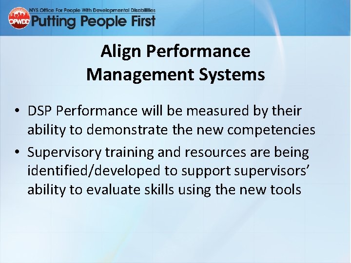 Align Performance Management Systems • DSP Performance will be measured by their ability to