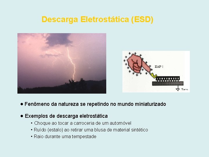 Descarga Eletrostática (ESD) Fenômeno da natureza se repetindo no mundo miniaturizado Exemplos de descarga