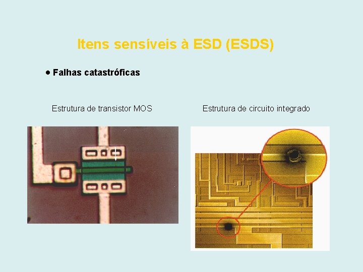 Itens sensíveis à ESD (ESDS) Falhas catastróficas Estrutura de transistor MOS Estrutura de circuito