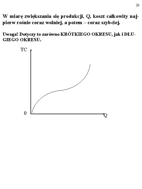 39 W miarę zwiększania się produkcji, Q, koszt całkowity najpierw rośnie coraz wolniej, a