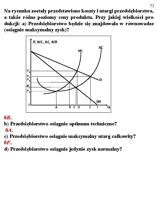 73 Na rysunku zostały przedstawione koszty i utargi przedsiębiorstwa, a także różne poziomy ceny
