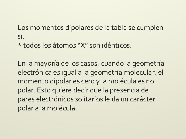 Los momentos dipolares de la tabla se cumplen si: * todos los átomos “X” Los momentos dipolares de la tabla se cumplen si: * todos los átomos “X”