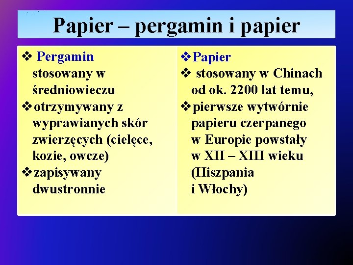 Papier – pergamin i papier v Pergamin stosowany w średniowieczu votrzymywany z wyprawianych skór