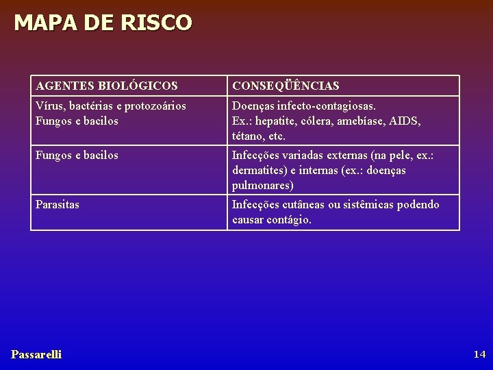 MAPA DE RISCO AGENTES BIOLÓGICOS CONSEQÜÊNCIAS Vírus, bactérias e protozoários Fungos e bacilos Doenças