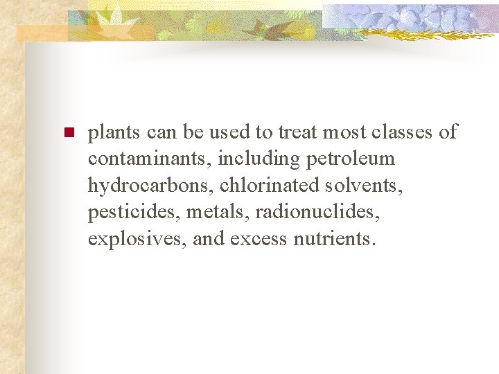 n plants can be used to treat most classes of contaminants, including petroleum hydrocarbons,