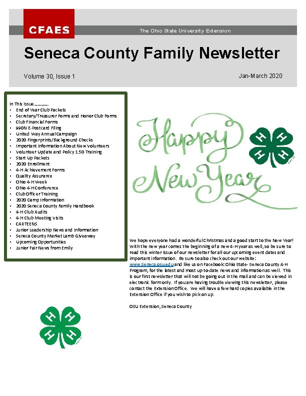 The Ohio State University Extension Seneca County Family Newsletter Jan-March 2020 Volume 30, Issue