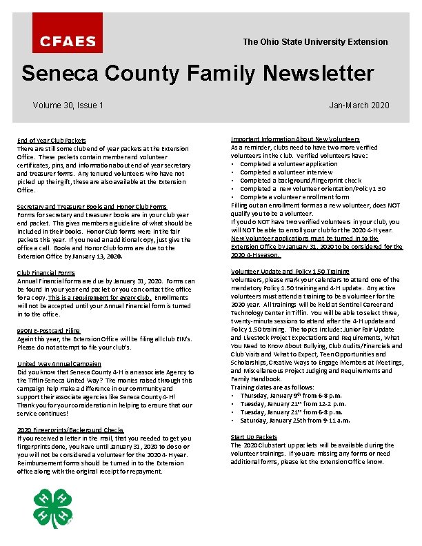 The Ohio State University Extension Seneca County Family Newsletter Volume 30, Issue 1 End