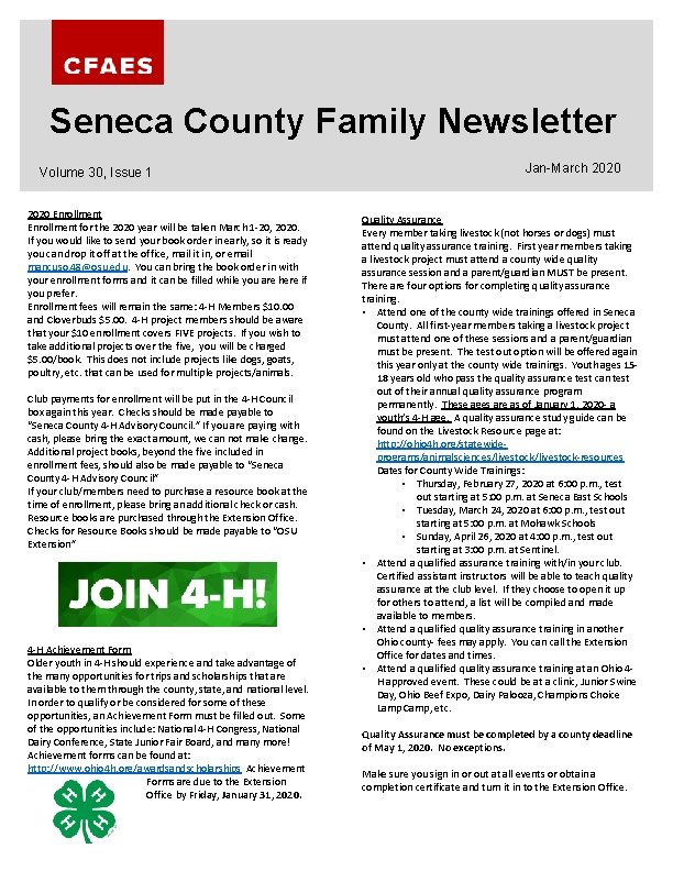 Seneca County Family Newsletter Volume 30, Issue 1 2020 Enrollment for the 2020 year