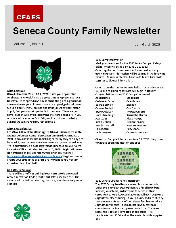 Seneca County Family Newsletter Volume 30, Issue 1 Jan-March 2020 Camp Information Mark your