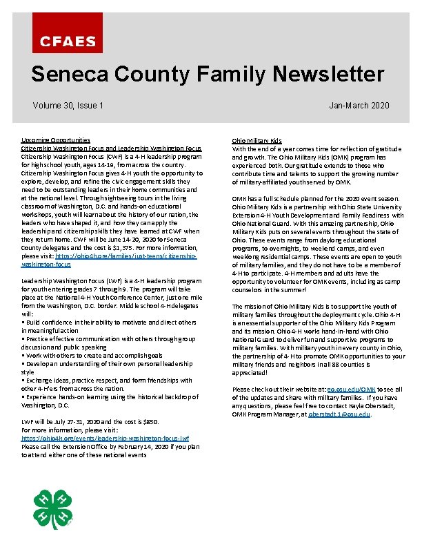 Seneca County Family Newsletter Volume 30, Issue 1 Upcoming Opportunities Citizenship Washington Focus and