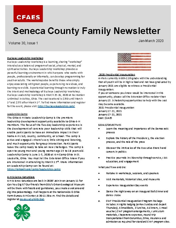 Seneca County Family Newsletter Jan-March 2020 Volume 30, Issue 1 Buckeye Leadership Workshop is