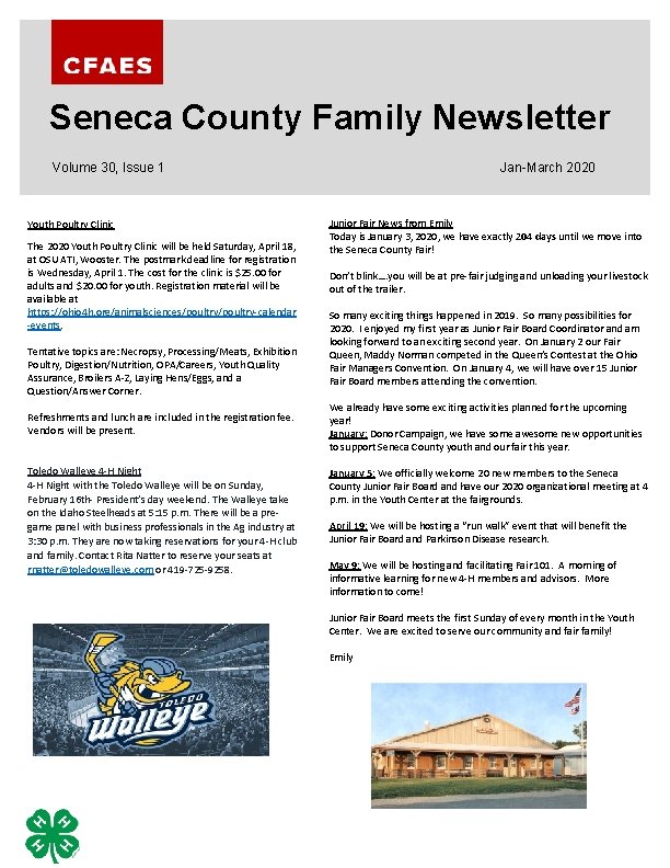 Seneca County Family Newsletter Jan-March 2020 Volume 30, Issue 1 Youth Poultry Clinic The