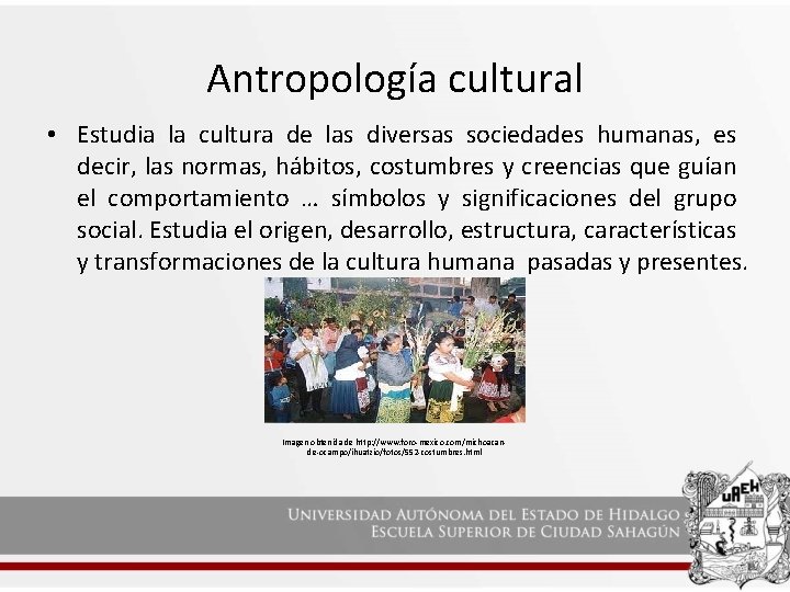 Antropología cultural • Estudia la cultura de las diversas sociedades humanas, es decir, las