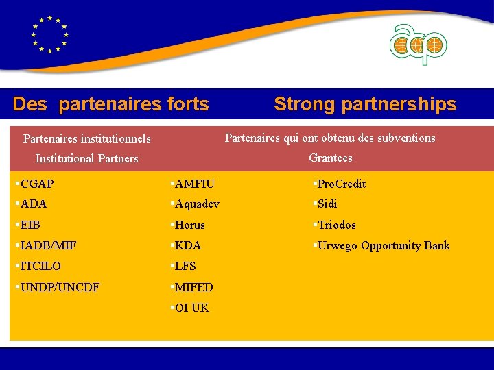 Des partenaires forts Strong partnerships Partenaires institutionnels Partenaires qui ont obtenu des subventions Institutional