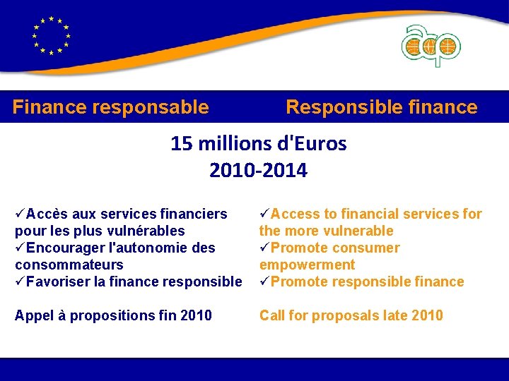 Finance responsable Responsible finance 15 millions d'Euros 2010 -2014 Accès aux services financiers pour