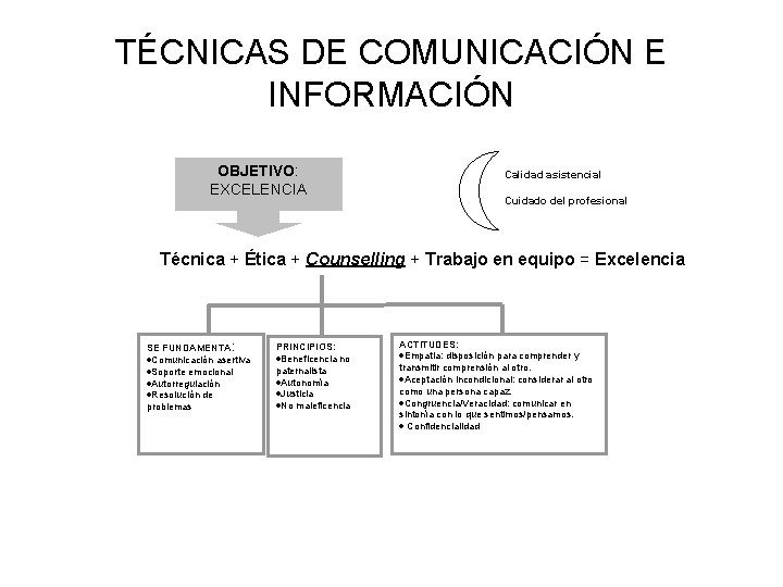 TÉCNICAS DE COMUNICACIÓN E INFORMACIÓN OBJETIVO: EXCELENCIA Calidad asistencial Cuidado del profesional Técnica +