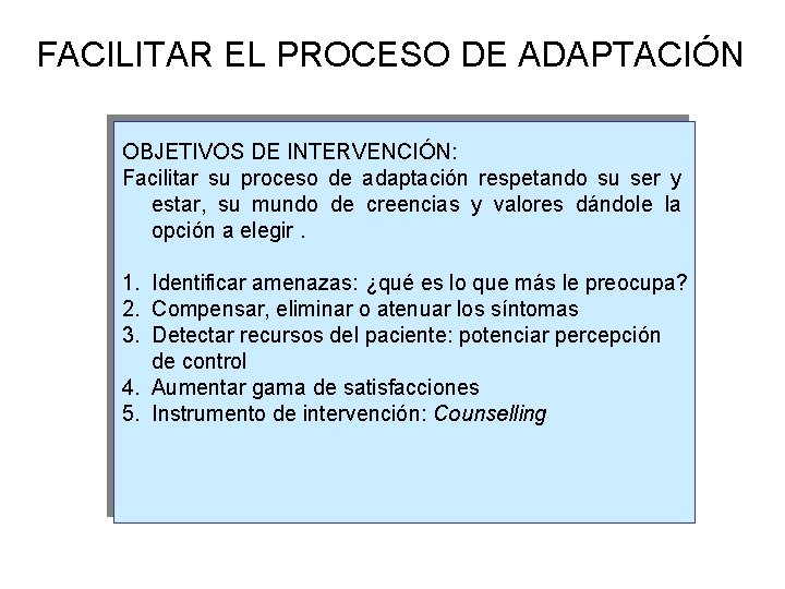 FACILITAR EL PROCESO DE ADAPTACIÓN OBJETIVOS DE INTERVENCIÓN: Facilitar su proceso de adaptación respetando