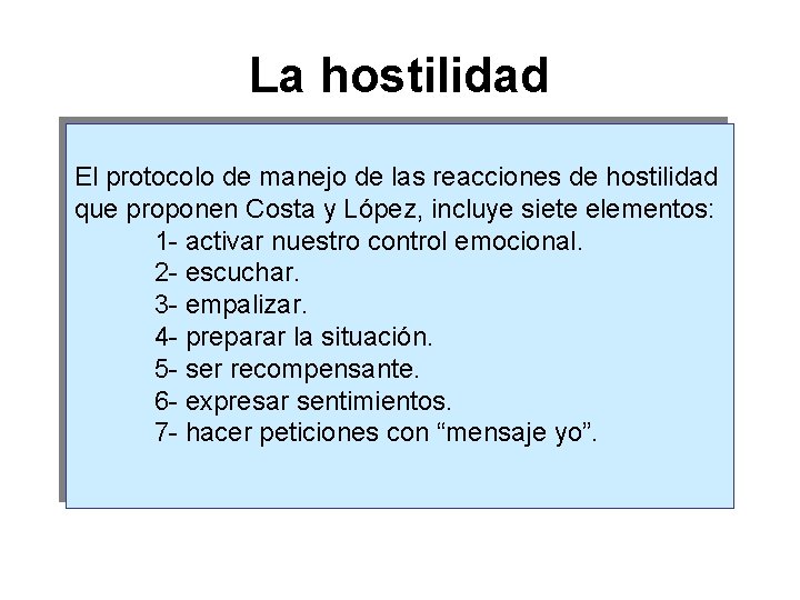 La hostilidad El protocolo de manejo de las reacciones de hostilidad que proponen Costa