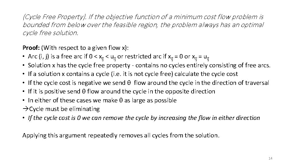 (Cycle Free Property). If the objective function of a minimum cost flow problem is