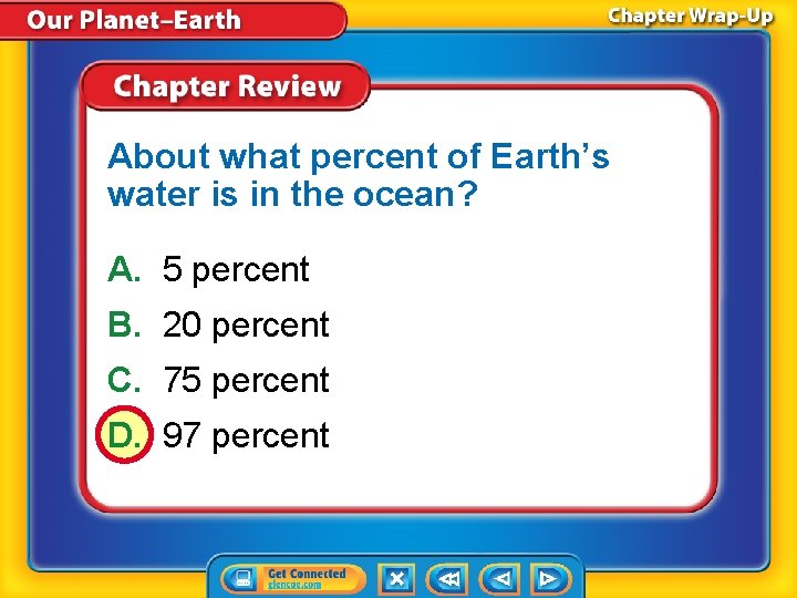 About what percent of Earth’s water is in the ocean? A. 5 percent B.