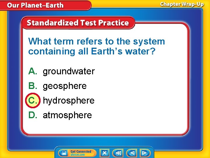 What term refers to the system containing all Earth’s water? A. groundwater B. geosphere