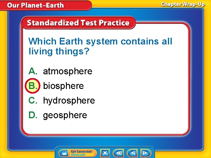 Which Earth system contains all living things? A. atmosphere B. biosphere C. hydrosphere D.