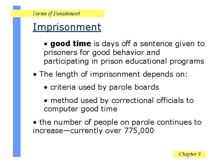 Imprisonment • good time is days off a sentence given to prisoners for good