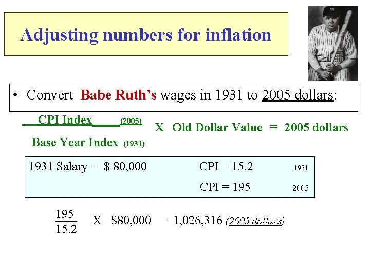 Adjusting numbers for inflation • Convert Babe Ruth’s wages in 1931 to 2005 dollars: