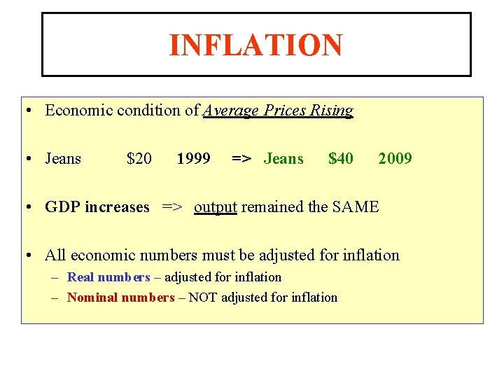 INFLATION • Economic condition of Average Prices Rising • Jeans $20 1999 => Jeans INFLATION • Economic condition of Average Prices Rising • Jeans $20 1999 => Jeans